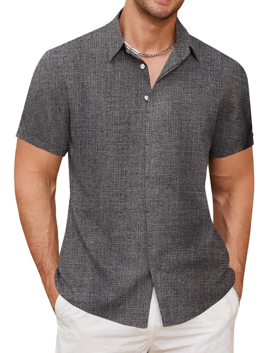 Cqser Mens Short Sleeve Linen Shirt Comfortable Button Down Shirt for Summer Beach and Casual Daily Wear Dark Heather Grey XL