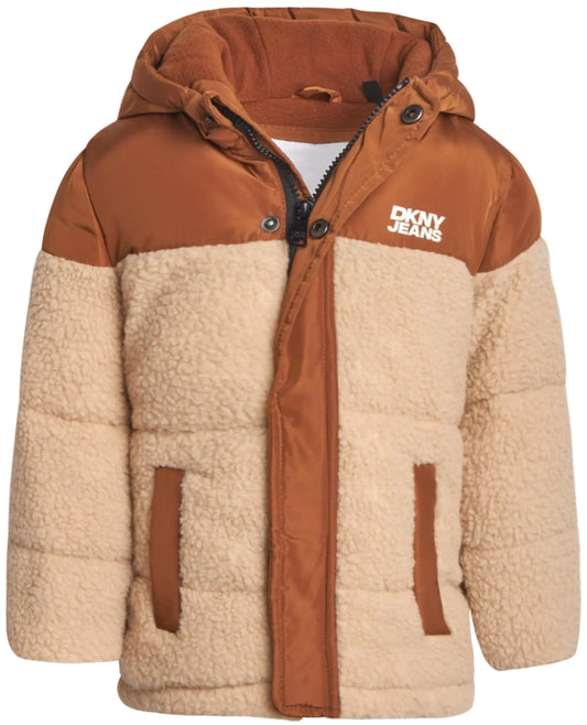 DKNY Toddler Boys Jacket - Heavyweight Polar Fleece Lined Sherpa Layette Bubble Puffer Jacket - Infant Winter Jacket (12M-4T) Size 4T Timber