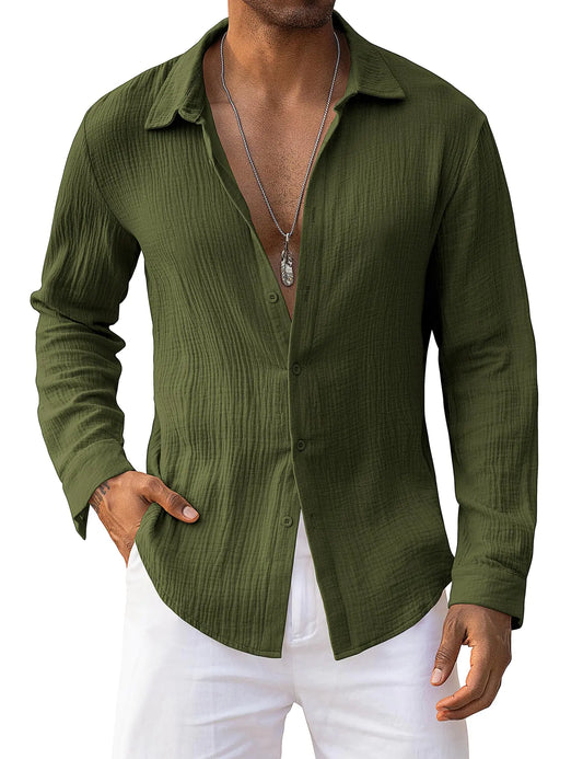 URRU Mens Linen Shirts Long Sleeve Army Green Summer Casual Button Down Shirts Linen Beach Tropical Shirts Resort Wear (Army Green Large)