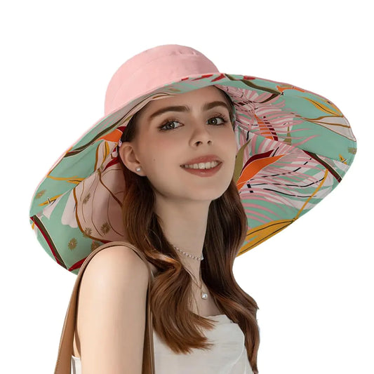 Super Wide Brim Sun Hat for Women Packable Reversible Double-Side-Wear Hats UV Protection Summer Beach Bucket Cap Pink