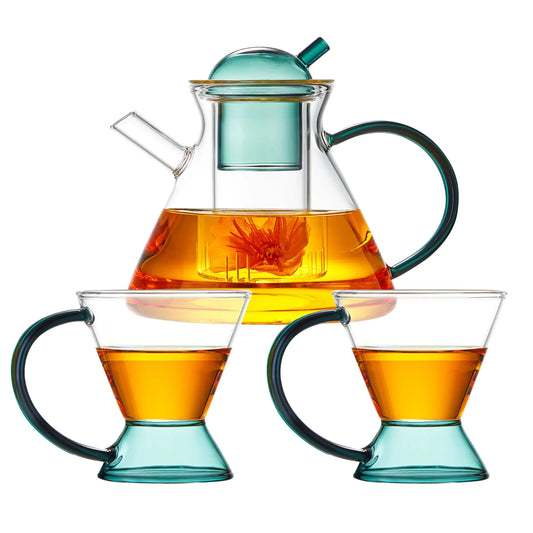 DOPUDO Glass Tea Set Glass Teapot Set Lake Green French Style Glass Teapot Set With 2 Glass Cups Tea Pots For Tea PartyTea Pots Party Borosilicate Hydrochloric Glass Teapot With Glass Filter